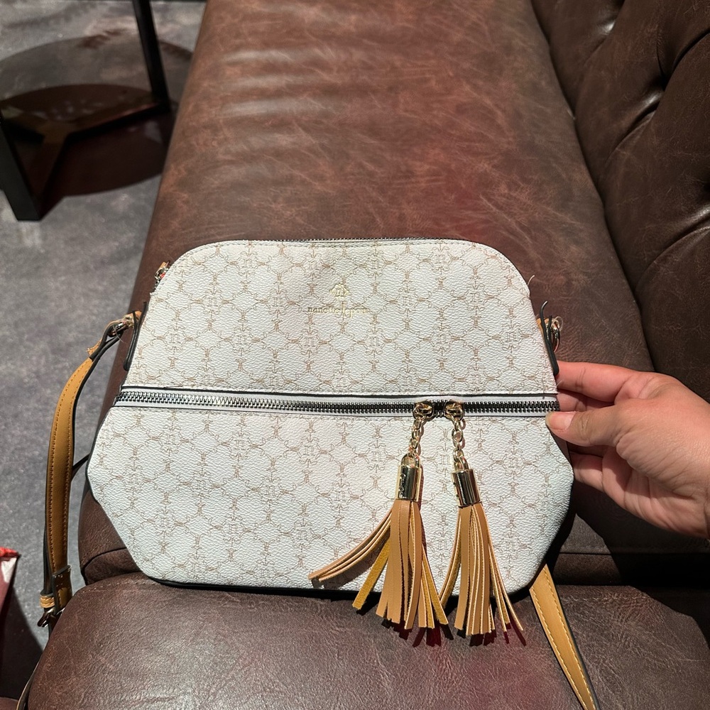 Nanette Lepore White and Tan Crossbody Bag with Tassels